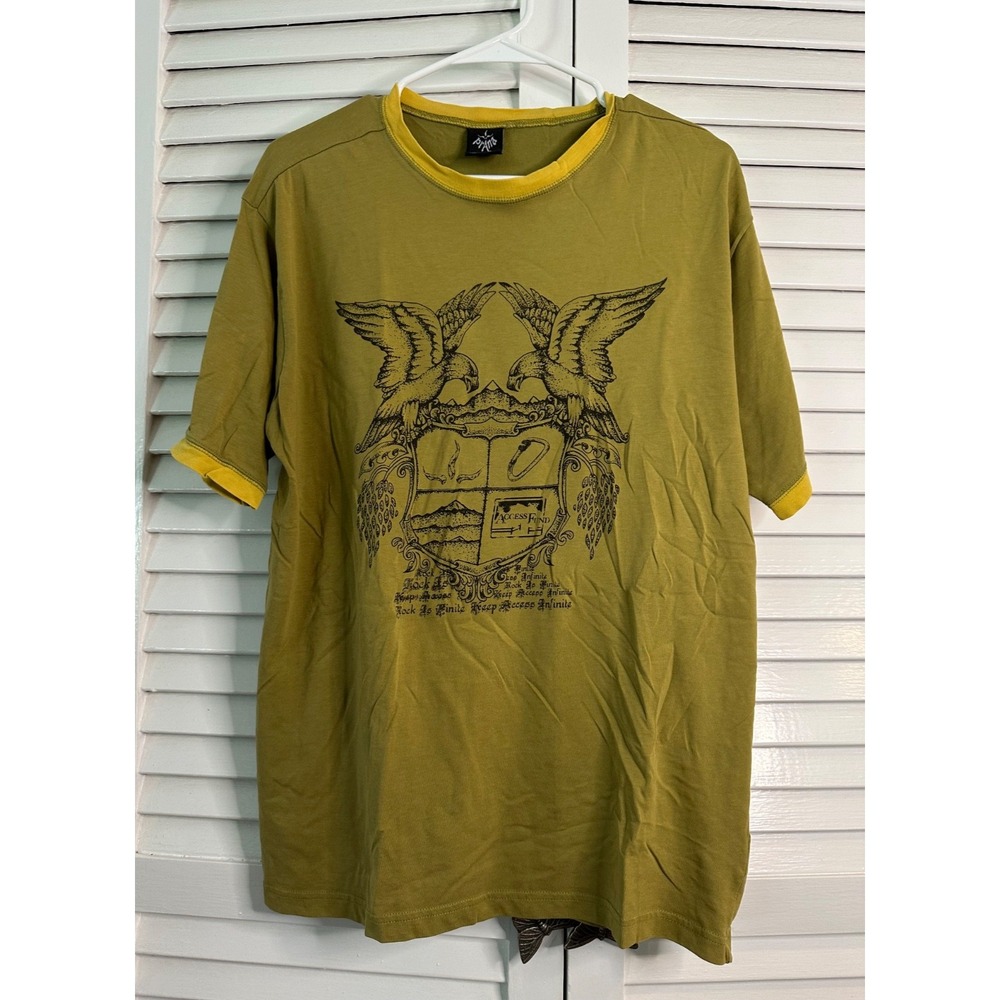 PrAna Size L Olive Green Eagle Crest Shield Ringer Tee T-Shirt